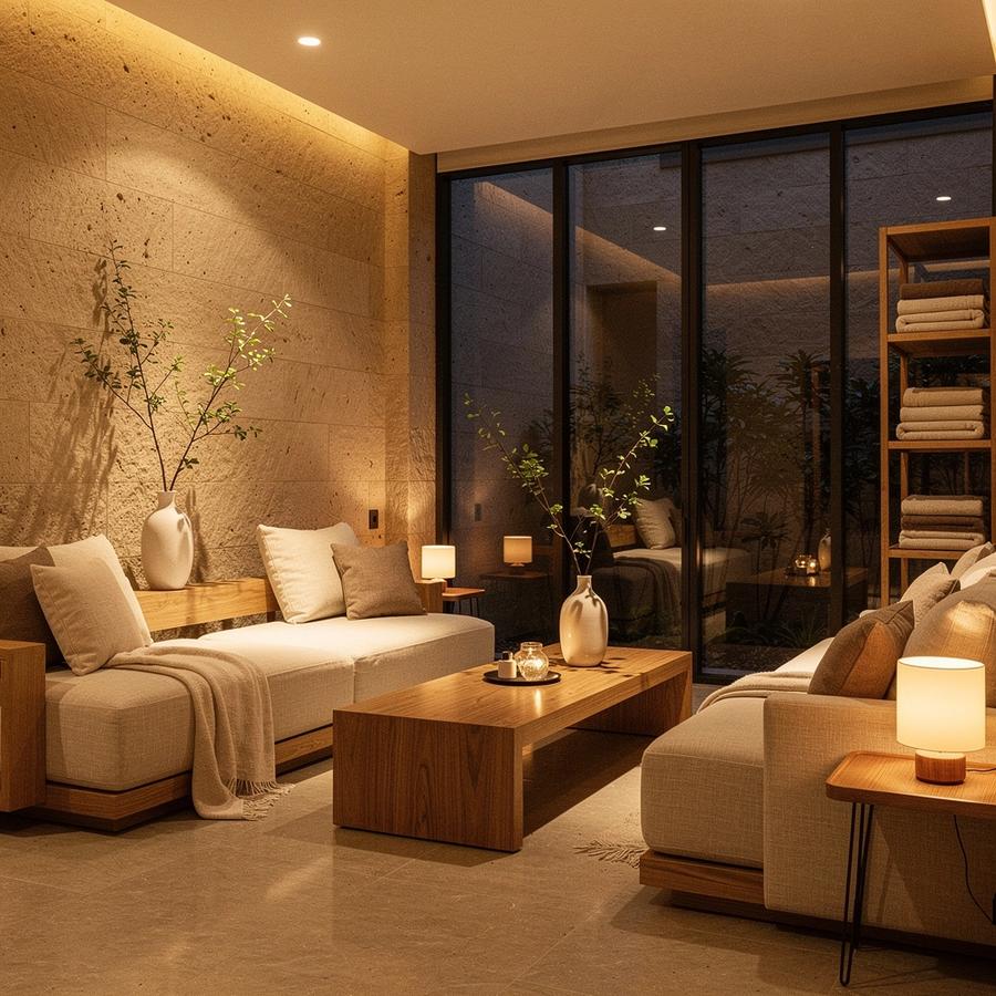 Calm spa lounge with warm stone and linen
